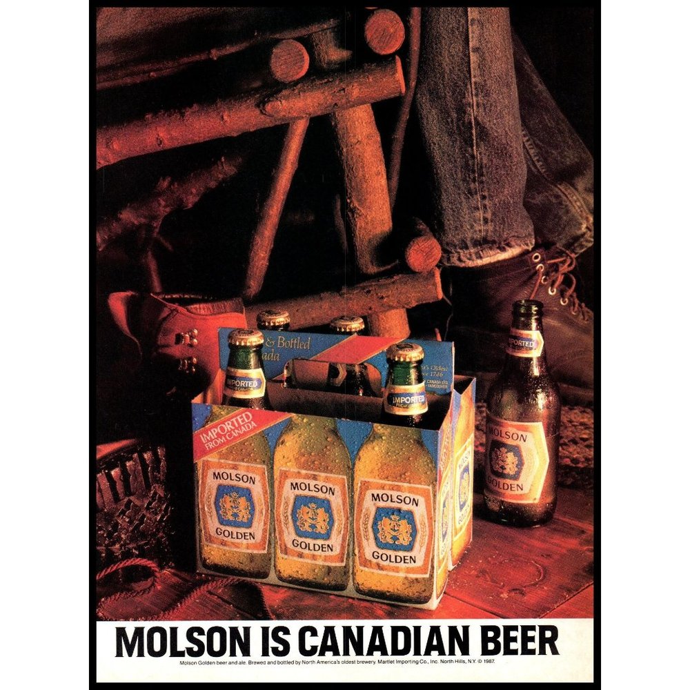 1987 Molson Golden Canadian Beer Vintage Print Ad Rustic Cabin Hunting Wall Art
